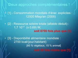 Deux approches complémentaires !
• [1] - Consommation mondiale d’éner. explicites :
12500 Mtep/an (2008)
• [2] - Ressource solaire totale (albédo déduit) :
1,7 1017 (x 0,69) W,
soit 6700 fois plus que [1]
• [3] - Disponibilité alimentaire mondiale :
2700 kcal/(jour.habitant)
[85 % végétaux, 15 % animal]
soit 20 fois moins que [1]
 