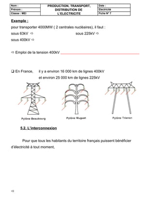 Nom :                   PRODUCTION, TRANSPORT,           Date :
Prénom :                   DISTRIBUTION DE               Electricité
Classe : MEI                L’ELECTRICITE                Fiche N° 7


Exemple :
pour transporter 4000MW ( 2 centrales nucléaires), il faut :
sous 63kV  22 lignes de 180MW            sous 225kV  5 lignes de 800MW
sous 400kV  1 ligne de 4000MW


 Emploi de la tension 400kV = réduction du nombre de lignes électriques
 gain de place et économie


 En France,      il y a environ 16 000 km de lignes 400kV
                  et environ 25 000 km de lignes 225kV




       5.2. L’interconnexion


        Pour que tous les habitants du territoire français puissent bénéficier
d’électricité à tout moment, les lignes électriques THT sont interconnectées
entre elles afin de pouvoir utiliser à chaque instant les moyens de
production disponibles.


       Les postes d’interconnexion assurent cette jonction entre réseau 400
kV et réseau 225 kV.


 ce procédé permet de faire face aux perturbations qui peuvent survenir
sur le réseau ( pointe de consommation, arrêt d’une centrale, incident sur
une ligne HT … )
 