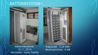 BATTERIESYSTEM I
Inbetriebnahme:
16.11.2014
Hersteller: Varta Family
Kapazität: 13,8 kWh
Wechselrichter: 4 kW
 