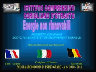 ISTITUTO COMPRENSIVO CORIGLIANO D'OTRANTO SCUOLA SECONDARIA DI PRIMO GRADO - A. S. 2010 - 2011 PROGETTO COMENIUS ECO-CITOYENNETÉ ET DÉVELOPPEMENT  DURABLE http://ecocomenius.over-blog.com/ Saint - Sulpice   Marcinelle   Corigliano d’Otranto Energie non rinnovabili 