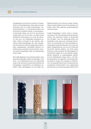 KoNzepT für eiN iNTegrierTes eNergieforschUNgsprogrAmm für DeUTschLAND


III   FOrschUngsPOtEnzIalE




      energieträger sind bis heute unerreicht in energie-        Weiterentwicklung der Nutzung fossiler energie-
      dichte und handhabbarkeit. Daher eignen sie sich           träger auf diese sektoren sind nicht absehbar und
      besonders auch für mobile Anwendungen. ob-                 fordern daher tiefer gehende systemanalytische
      wohl die reserven, d. h. die derzeit technisch und         Untersuchungen.
      ökonomisch nutzbaren Vorräte, nur eine begrenz-
      te reichweite haben und somit für die Nutzung              fossile energieträger müssen immer in zusam-
      insbesondere von Öl und gas, mit relativ kurzen            menhang mit der Versorgungssicherheit diskutiert
      statistischen reichweiten von 40 bis 60 Jahren,            werden. Die deutschen Vorräte an Braunkohle
      nur eine kurz- bis mittelfristige perspektive be-          sind erheblich, auch die steinkohlevorräte sind
      steht, dürften zumindest für die nächsten Jahr-            beträchtlich, wenn diese auch seit langem ökono-
      zehnte fossile energieträger eine sehr wesentli-           misch mit importkohle nicht konkurrenzfähig ist.
      che Komponente unserer energiesysteme bilden.              gegenwärtig verfügt Deutschland noch über eine
      Wenn beispielsweise nachhaltige Verfahren zur              eigene erdgasförderung, die rund ein fünftel des
      Kohlenutzung entwickelt werden könnten, könn-              heimischen Bedarfs abdeckt, das ende dieser
      ten fossile energieträger sogar eine längerfristige        reserven ist aber absehbar. Die Abhängigkeit von
      option bieten.                                             importiertem erdgas hat in der jüngsten Vergan-
                                                                 genheit wiederholt zu Lieferengpässen geführt,
      man sollte allerdings immer berücksichtigen, dass          und die Verlässlichkeit einiger import- und pipe-
      bedeutende mengen fossiler energieträger in die            line-Netzpartner ist fragwürdig. Die Versorgungs-
      eisen- und stahlindustrie (Koks aus steinkohle)            sicherheit für erdgas hat europäische Dimensio-
      sowie in die chemische industrie (grundstoffe und          nen. Die Kapazität bestimmter Knotenpunkte der
      energieträger hauptsächlich auf erdölbasis) ein-           europäischen Netzarchitektur kann gegenwärtig
      fließen. Diese Abhängigkeit und die folgen der             die Anforderung, die Versorgungssicherheit durch




                                                            34
 