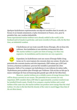 Quelques hydroliennes expérimentales ont déjà été installées dans le monde, en
Ecosse et au Canada notamment, et plus récemment en France, avec, pour la
                                                       France,
première fois, une vocation industrielle.
Some experimental marine turbines were already settled in the world, in the
Scotland and in Canada in particular, and more recently in France, with, for the first
time, an industrial vocation.

            L'hydrolienne est une toute nouvelle forme d'énergie, elle est donc très
            coûteuse. Son installation et son entretien reviennent très cher.
            The marine turbine is a quite new form of energy, it is thus very
            expensive. Its installation and its interview are very expensive.
                                                interview

              Cependant, les hydroliennes sont une source d'énergie fiable à long
              terme car il y aura toujours des courants dans nos océans. De plus Les
potentiels des courants marins sont très importants, EDF estime que 5 GW (soit
environ 3 réacteurs nucléaires) peuvent être installés à proximité des côtes
       n
françaises. Enfin si l'on compare une hydrolienne et une éolienne de même taille,
l'hydrolienne peut produire plus d'énergie que l'éolienne. Cela est due au fait que la
masse volumique de l'eau est beaucoup plus grande que celle de l'air (800 fois).
              However, marine turbines are a reliable source of energy because there
will be always currents in our oceans. The potential of sea currents are very
important, EDF considers that 5 GW (that is approximately 3 nuclear reactors) can
                                         (that
be installed French coasts. Finally if we compare a marine turbine and a wind
turbine of the same size, the marine turbine can produce more energy than the wind
turbine. It is due to the fact that the density of the water is much bigger than that of
                                                   the
the air (800 times).
 