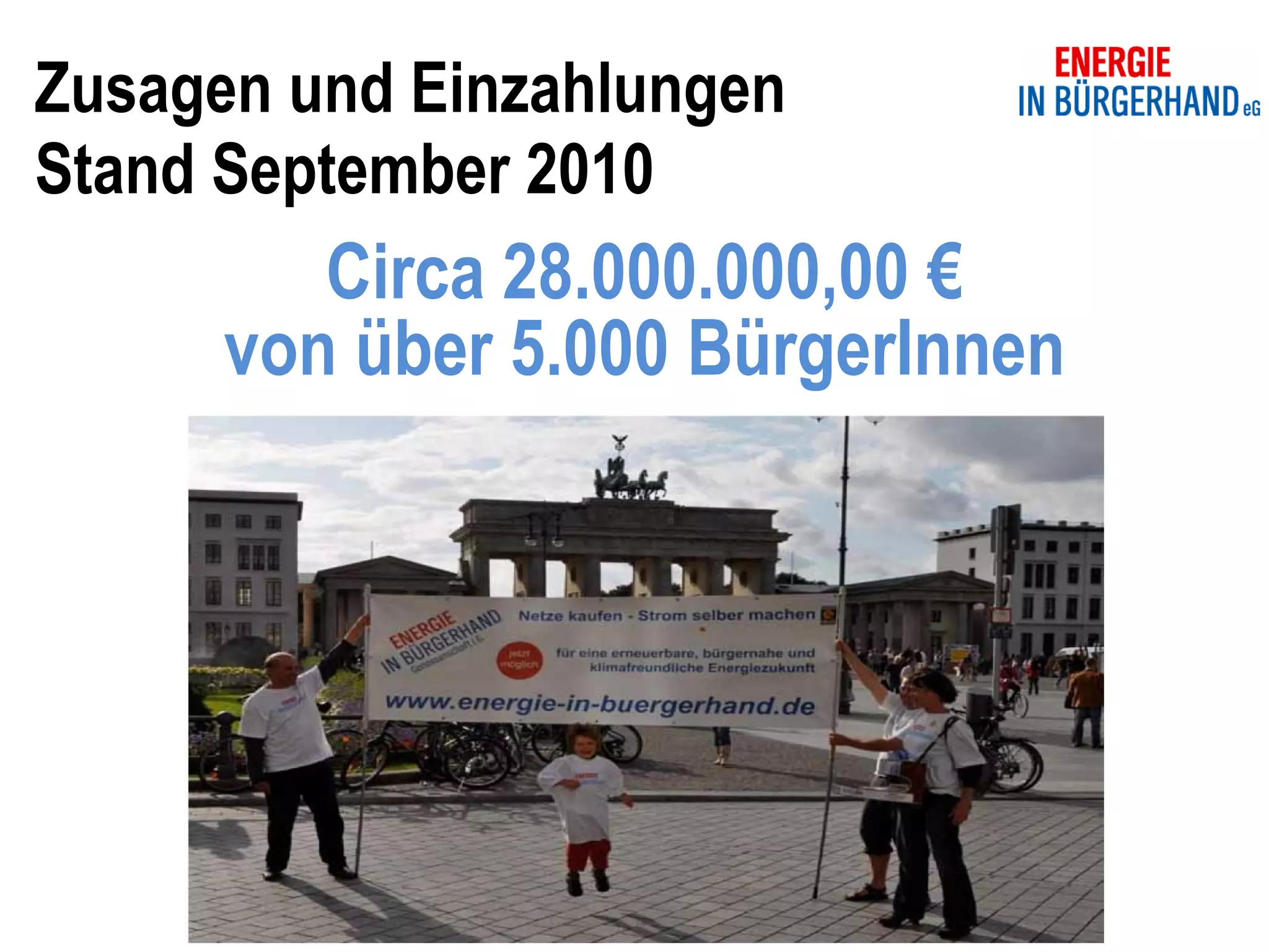 Zusagen und Einzahlungen
Stand September 2010
         Circa 28.000.000,00 €
      von über 5.000 BürgerInnen
 