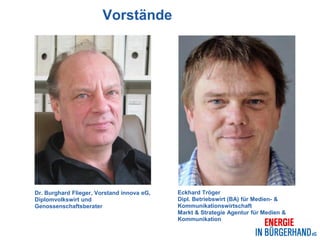 Vorstände




Dr. Burghard Flieger, Vorstand innova eG,   Eckhard Tröger
Diplomvolkswirt und                         Dipl. Betriebswirt (BA) für Medien- &
Genossenschaftsberater                      Kommunikationswirtschaft
                                            Markt & Strategie Agentur für Medien &
                                            Kommunikation
 
