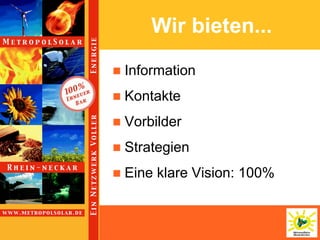 Wir bieten...
   Information
   Kontakte
   Vorbilder
   Strategien
   Eine klare Vision: 100%
 