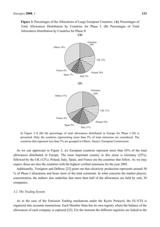 Energies 2008, 1 133
Figure 3. Percentages of the Allocations of Large European Countries. (A). Percentages of
Total Allowances Distribution by Countries for Phase I. (B) Percentages of Total
Allowances Distribution by Countries for Phase II
(A)
22%
12%
10%
9%
7%
6%
34%
Germany
UK 12%
Poland 10%
Italy 9%
Spain 7%
France 6%
Others 34%
(B)
22%
11%
10%
11%
9%
6%
31%
Germany
UK 11%
Italy 11%
Spain 9%
France 6%
Others 31%
Poland 10%
In Figure 3-A (B) the percentage of total allowances distributed in Europe for Phase I (II) is
presented. Only the countries representing more than 5% of total emissions are considered. The
countries that represent less than 5% are grouped in Others. Source: European Commission.
As we can appreciate in Figure 3, six European countries represent more than 65% of the total
allowances distributed in Europe. The most important country in this sense is Germany (22%),
followed by the UK (12%). Poland, Italy, Spain, and France are the countries that follow. As we may
expect, those are also the countries with the highest verified emissions for the year 2005.
Additionally, Trotignon and Delbosc [22] point out that electricity production represents around 50
% of Phase I allocations and bears most of the total constraint. In what concerns the market players,
concentration, the authors also underline that more than half of the allowances are held by only 30
companies.
3.2. The Trading System
As in the case of the Emission Trading mechanism under the Kyoto Protocol, the EU ETS is
organized into accounts transactions. Each Member State has its own registry where the balance of the
allowances of each company is captured [23]. For the moment the different registries are linked to the
 