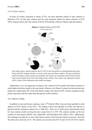 Energies 2008, 1 144
4.2.d. Volume Analysis
In terms of volume, measured in tonnes of CO2, the most important market of spot contracts is
BlueNext (73% of total spot volume) and the most important market for future contracts is ECX
(96%). Figure 6 shows the total volume of the EU ETS and the volumes of futures and spot markets.
Figure 6. Traded Volume in EU ETS.
TOTAL VOLUMES EU ETS
FUTURES
1827,20 Mt
77%
OTC
463,12 Mt
19%
SPOT
86,73 Mt 4%
SPOT
Phase I
86,75 Mt
100%
Phase II
1000
0%
FUTURES
ECX
1742,66 Mt
96%
NORD
POOL
57,86 Mt
3%
EEX 26,68
Mt 1%
SPOT
EEX
17,05 Mt
20%
BLUENEXT
63,25
73%
NORD
POOL
6,43 Mt
7%
FUTURES
Phase I
30%
Phase II
70%
This Figure shows volumes traded in the EU ETS. In the first picture we distinguish between spot,
futures and OTC trading, and then we focus on the spot and futures markets. The spot and futures
markets by phases and by markets are presented. All volumes are cumulated volumes from the first
trade in each market to the end of the trading of the contract. The volumes are expressed in tonnes
of CO2. Source: Own elaboration from market web pages.
Additionally, as we can appreciate in Figure 6, the volume of EUAs traded with futures contracts is
much higher than those traded in the spot market. Moreover, the Phase II contract has become the most
traded one, representing 70% of the total futures traded. Note that the OTC volume considered in this
picture represents only the trades done through the LEBA members.
4.2.e. Options Trading
In addition to spot and futures contracts, since 13th
October 2006, it has also been possible to trade
options on EUAs futures in the ECX. The trading is done from Monday to Friday, the delivery is
physical and the minimum contract size is 1000 tCO2. There are 55 strike prices automatically listed
for each contract month covering the price range from €1 to €55. The contract months are the last
contract of each quarter (March, June, September, and December) from 2008 to 2012. Additionally,
the Exchange may add one or more strike prices nearest to the last price listed as necessary. Note that
the strike price intervals are €1. The options are exercised into ICE Futures ECX CFI EUAs futures
 