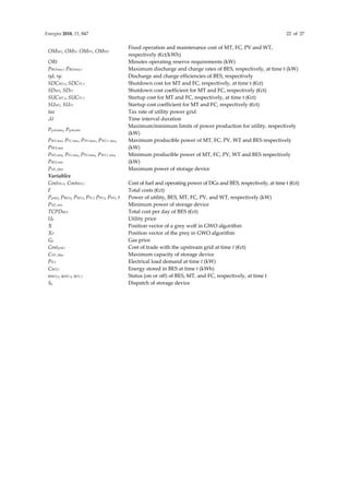 Energies 2018, 11, 847 22 of 27
OMMT, OMFC OMPV, OMWT
Fixed operation and maintenance cost of MT, FC, PV and WT,
respectively (€ct/kWh)
ORt Minutes operating reserve requirements (kW)
PBESmax,t PBESmin,t Maximum discharge and charge rates of BES, respectively, at time t (kW)
ηd, ηc Discharge and charge efficiencies of BES, respectively
SDCMT,t, SDCFC,t Shutdown cost for MT and FC, respectively, at time t (€ct)
SDMT, SDFC Shutdown cost coefficient for MT and FC, respectively (€ct)
SUCMT,t, SUCFC,t Startup cost for MT and FC, respectively, at time t (€ct)
SUMT, SUFC Startup cost coefficient for MT and FC, respectively (€ct)
tax Tax rate of utility power grid
Δt Time interval duration
Pgrid,max, Pgrid,min
Maximum/minimum limits of power production for utility, respectively
(kW)
PMT,max, PFC,max, PPV,tmax, PWT,t max,
PBES,max
Maximum producible power of MT, FC, PV, WT and BES respectively
(kW)
PMT,min, PFC,min, PPV,tmin, PWT,t min,
PBES,min
Minimum producible power of MT, FC, PV, WT and BES respectively
(kW)
PSD_Max Maximum power of storage device
Variables
CostDG,t, CostBES,t Cost of fuel and operating power of DGs and BES, respectively, at time t (€ct)
F Total costs (€ct)
Pgrid,t, PBES,t, PMT,t, PFC,t PPV,t, PWT, t Power of utility, BES, MT, FC, PV, and WT, respectively (kW)
PSD_min Minimum power of storage device
TCPDBES Total cost per day of BES (€ct)
Up Utility price
X Position vector of a grey wolf in GWO algorithm
XP Position vector of the prey in GWO algorithm
Gp Gas price
Costgrid,t Cost of trade with the upstream grid at time t (€ct)
CSD_Max Maximum capacity of storage device
PD,t Electrical load demand at time t (kW)
CBES,t Energy stored in BES at time t (kWh)
uBES,t, uMT,t, uFC,t Status (on or off) of BES, MT, and FC, respectively, at time t
Sg Dispatch of storage device
 