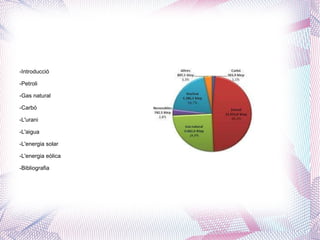 -Introducció -Petroli -Gas natural -Carbó -L'urani -L'aigua -L'energia solar -L'energia eòlica -Bibliografia 