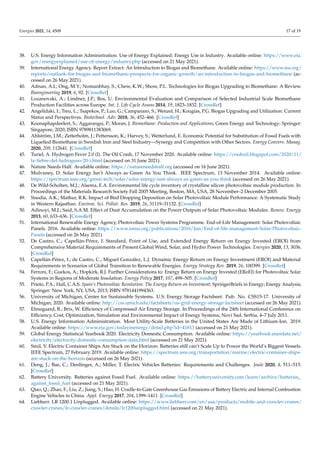 Energies 2021, 14, 4508 17 of 19
38. U.S. Energy Information Administration. Use of Energy Explained: Energy Use in Industry. Available online: https://www.eia.
gov/energyexplained/use-of-energy/industry.php (accessed on 21 May 2021).
39. International Energy Agency. Report Extract: An Introduction to Biogas and Biomethane. Available online: https://www.iea.org/
reports/outlook-for-biogas-and-biomethane-prospects-for-organic-growth/an-introduction-to-biogas-and-biomethane (ac-
cessed on 26 May 2021).
40. Adnan, A.I.; Ong, M.Y.; Nomanbhay, S.; Chew, K.W.; Show, P.L. Technologies for Biogas Upgrading to Biomethane: A Review.
Bioengineering 2019, 6, 92. [CrossRef]
41. Lozanovski, A.; Lindner, J.P.; Bos, U. Environmental Evaluation and Comparison of Selected Industrial Scale Biomethane
Production Facilities across Europe. Int. J. Life Cycle Assess 2014, 19, 1823–1832. [CrossRef]
42. Angelidaki, I.; Treu, L.; Tsapekos, P.; Luo, G.; Campanaro, S.; Wenzel, H.; Kougias, P.G. Biogas Upgrading and Utilization: Current
Status and Perspectives. Biotechnol. Adv. 2018, 36, 452–466. [CrossRef]
43. Koonaphapdeelert, S.; Aggarangsi, P.; Moran, J. Biomethane: Production and Applications; Green Energy and Technology; Springer:
Singapore, 2020; ISBN 9789811383069.
44. Ahlström, J.M.; Zetterholm, J.; Pettersson, K.; Harvey, S.; Wetterlund, E. Economic Potential for Substitution of Fossil Fuels with
Liquefied Biomethane in Swedish Iron and Steel Industry—Synergy and Competition with Other Sectors. Energy Convers. Manag.
2020, 209, 112641. [CrossRef]
45. Turiel, A. Hydrogen Fever 2.0 (I). The Oil Crash, 17 November 2020. Available online: https://crashoil.blogspot.com/2020/11/
la-fiebre-del-hidrogeno-20-i.html (accessed on 31 June 2021).
46. Nature Needs Half. Available online: https://natureneedshalf.org (accessed on 16 June 2021).
47. Mulvaney, D. Solar Energy Isn’t Always as Green As You Think. IEEE Spectrum, 13 November 2014. Available online:
https://spectrum.ieee.org/green-tech/solar/solar-energy-isnt-always-as-green-as-you-think (accessed on 26 May 2021).
48. De Wild-Scholten, M.J.; Alsema, E.A. Environmental life cycle inventory of crystalline silicon photovoltaic module production. In
Proceedings of the Materials Research Society Fall 2005 Meeting, Boston, MA, USA, 28 November–2 December 2005.
49. Sisodia, A.K.; Mathur, R.K. Impact of Bird Dropping Deposition on Solar Photovoltaic Module Performance: A Systematic Study
in Western Rajasthan. Environ. Sci. Pollut. Res. 2019, 26, 31119–31132. [CrossRef]
50. Adinoyi, M.J.; Said, S.A.M. Effect of Dust Accumulation on the Power Outputs of Solar Photovoltaic Modules. Renew. Energy
2013, 60, 633–636. [CrossRef]
51. International Renewable Energy Agency, Photovoltaic Power Systems Programme. End-of-Life Management: Solar Photovoltaic
Panels. 2016. Available online: https://www.irena.org/publications/2016/Jun/End-of-life-management-Solar-Photovoltaic-
Panels (accessed on 26 May 2021).
52. De Castro, C.; Capellán-Pérez, I. Standard, Point of Use, and Extended Energy Return on Energy Invested (EROI) from
Comprehensive Material Requirements of Present Global Wind, Solar, and Hydro Power Technologies. Energies 2020, 13, 3036.
[CrossRef]
53. Capellán-Pérez, I.; de Castro, C.; Miguel González, L.J. Dynamic Energy Return on Energy Investment (EROI) and Material
Requirements in Scenarios of Global Transition to Renewable Energies. Energy Strategy Rev. 2019, 26, 100399. [CrossRef]
54. Ferroni, F.; Guekos, A.; Hopkirk, R.J. Further Considerations to: Energy Return on Energy Invested (ERoEI) for Photovoltaic Solar
Systems in Regions of Moderate Insolation. Energy Policy 2017, 107, 498–505. [CrossRef]
55. Prieto, P.A.; Hall, C.A.S. Spain’s Photovoltaic Revolution: The Energy Return on Investment; SpringerBriefs in Energy; Energy Analysis;
Springer: New York, NY, USA, 2013; ISBN 9781441994363.
56. University of Michigan, Center for Sustainable Systems. U.S. Energy Storage Factsheet. Pub. No. CSS15-17. University of
Michigan, 2020. Available online: http://css.umich.edu/factsheets/us-grid-energy-storage-factsheet (accessed on 26 May 2021).
57. Elmegaard, B.; Brix, W. Efficiency of Compressed Air Energy Storage. In Proceedings of the 24th International Conference on
Efficiency, Cost, Optimization, Simulation and Environmental Impact of Energy Systems, Novi Sad, Serbia, 4–7 July 2011.
58. U.S. Energy Information Administration. Most Utility-Scale Batteries in the United States Are Made of Lithium-Ion. 2019.
Available online: https://www.eia.gov/todayinenergy/detail.php?id=41813 (accessed on 21 May 2021).
59. Global Energy Statistical Yearbook 2020. Electricity Domestic Consumption. Available online: https://yearbook.enerdata.net/
electricity/electricity-domestic-consumption-data.html (accessed on 21 May 2021).
60. Smil, V. Electric Container Ships Are Stuck on the Horizon: Batteries still can’t Scale Up to Power the World’s Biggest Vessels.
IEEE Spectrum, 27 February 2019. Available online: https://spectrum.ieee.org/transportation/marine/electric-container-ships-
are-stuck-on-the-horizon (accessed on 26 May 2021).
61. Deng, J.; Bae, C.; Denlinger, A.; Miller, T. Electric Vehicles Batteries: Requirements and Challenges. Joule 2020, 4, 511–515.
[CrossRef]
62. Battery University. Batteries against Fossil Fuel. Available online: https://batteryuniversity.com/learn/archive/batteries_
against_fossil_fuel (accessed on 21 May 2021).
63. Qiao, Q.; Zhao, F.; Liu, Z.; Jiang, S.; Hao, H. Cradle-to-Gate Greenhouse Gas Emissions of Battery Electric and Internal Combustion
Engine Vehicles in China. Appl. Energy 2017, 204, 1399–1411. [CrossRef]
64. Liebherr. LR 1200.1 Unplugged. Available online: https://www.liebherr.com/en/usa/products/mobile-and-crawler-cranes/
crawler-cranes/lr-crawler-cranes/details/lr1200unplugged.html (accessed on 21 May 2021).
 