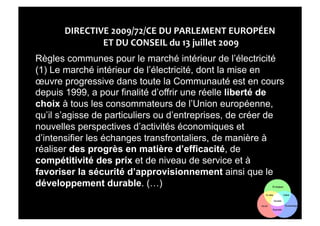 Règles communes pour le marché intérieur de l’électricité
(1) Le marché intérieur de l’électricité, dont la mise en
œuvre progressive dans toute la Communauté est en cours
depuis 1999, a pour finalité d’offrir une réelle liberté de
choix à tous les consommateurs de l’Union européenne,
qu’il s’agisse de particuliers ou d’entreprises, de créer de
nouvelles perspectives d’activités économiques et
d’intensifier les échanges transfrontaliers, de manière à
réaliser des progrès en matière d’efficacité, de
compétitivité des prix et de niveau de service et à
favoriser la sécurité d’approvisionnement ainsi que le
développement durable. (…)
 