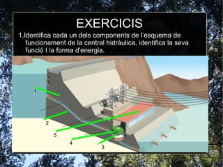EXERCICIS 1.Identifica cada un dels components de l’esquema de funcionament de la central hidràulica, identifica la seva funció I la forma d'energia. 1 2 3 4 3 2 5 4 