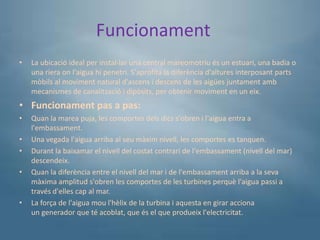 Funcionament
•   La ubicació ideal per instal·lar una central mareomotriu és un estuari, una badia o
    una riera on l'aigua hi penetri. S'aprofita la diferència d'altures interposant parts
    mòbils al moviment natural d'ascens i descens de les aigües juntament amb
    mecanismes de canalització i dipòsits, per obtenir moviment en un eix.
• Funcionament pas a pas:
•   Quan la marea puja, les comportes dels dics s'obren i l'aigua entra a
    l'embassament.
•   Una vegada l'aigua arriba al seu màxim nivell, les comportes es tanquen.
•   Durant la baixamar el nivell del costat contrari de l'embassament (nivell del mar)
    descendeix.
•   Quan la diferència entre el nivell del mar i de l'embassament arriba a la seva
    màxima amplitud s'obren les comportes de les turbines perquè l'aigua passi a
    través d'elles cap al mar.
•   La força de l'aigua mou l'hèlix de la turbina i aquesta en girar acciona
    un generador que té acoblat, que és el que produeix l'electricitat.
 