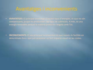 Avantatges i inconvenients
•   AVANTATGES: El principal avantatge d'aquest tipus d'energies, és que no són
    contaminants, ja que no produeixen cap tipus de subresidu. A més, és una
    energia renovable perqué la matèria prima no s'esgota amb l'ús.



•   INCONVENIENTS: El seu principal inconvenient és que només és factible en
    determinats llocs i que pot ocasionar un fort impacte visual en les costes.
 