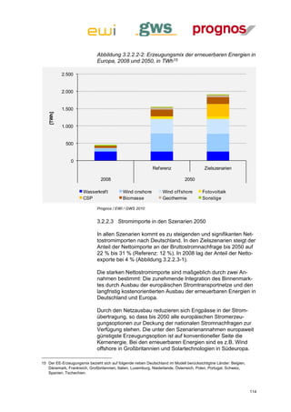 Abbildung 3.2.2.2-2: Erzeugungsmix der erneuerbaren Energien in
                              Europa, 2008 und 2050, in TWh15

           2.500


           2.000


           1.500
   [TWh]




           1.000


             500


               0
                                                            Ref erenz                   Zielszenarien

                                2008                                          2050

                      Wasserkraf t          Wind onshore         Wind of f shore       Fotovoltaik
                      CSP                   Biomasse             Geothermie            Sonstige

                              Prognos / EWI / GWS 2010


                              3.2.2.3 Stromimporte in den Szenarien 2050

                              In allen Szenarien kommt es zu steigenden und signifikanten Net-
                              tostromimporten nach Deutschland. In den Zielszenarien steigt der
                              Anteil der Nettoimporte an der Bruttostromnachfrage bis 2050 auf
                              22 % bis 31 % (Referenz: 12 %). In 2008 lag der Anteil der Netto-
                              exporte bei 4 % (Abbildung 3.2.2.3-1).

                              Die starken Nettostromimporte sind maßgeblich durch zwei An-
                              nahmen bestimmt: Die zunehmende Integration des Binnenmark-
                              tes durch Ausbau der europäischen Stromtransportnetze und den
                              langfristig kostenorientierten Ausbau der erneuerbaren Energien in
                              Deutschland und Europa.

                              Durch den Netzausbau reduzieren sich Engpässe in der Strom-
                              übertragung, so dass bis 2050 alle europäischen Stromerzeu-
                              gungsoptionen zur Deckung der nationalen Stromnachfragen zur
                              Verfügung stehen. Die unter den Szenarienannahmen europaweit
                              günstigste Erzeugungsoption ist auf konventioneller Seite die
                              Kernenergie. Bei den erneuerbaren Energien sind es z.B. Wind
                              offshore in Großbritannien und Solartechnologien in Südeuropa.

15 Der EE-Erzeugungsmix bezieht sich auf folgende neben Deutschland im Modell berücksichtigtne Länder: Belgien,
   Dänemark, Frankreich, Großbritannien, Italien, Luxemburg, Niederlande, Österreich, Polen, Portugal, Schweiz,
   Spanien, Tschechien.



                                                                                                                  114
 