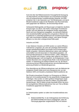 Auch die über das Referenzszenario hinausgehende Erzeugung
von Raumwärme und Warmwasser aus erneuerbaren Energien
wird mit entsprechenden Investitionskosten bewertet. Ab 2040
entstehen hier in den Szenarien zum Teil Minderkosten und damit
Minderinvestitionen aufgrund der Reduktion des Raumwärmebe-
darfs gegenüber der Referenz, die berücksichtigt werden.

Verbesserte Elektrogeräte und Steuerungen ermöglichen deutliche
Einsparungen von Strom. Die hierfür notwendigen Investitionen
werden nach der Methode der anlegbaren Kosten abgeschätzt.
Damit wird eine Obergrenze angegeben, da zahlreiche Maßnah-
men einzelwirtschaftlich günstig sind und gerade im Bereich der
Investitionen in Unterhaltungselektronik die Investitionsrationalität
sehr viele verschiedene Aspekte umfasst, unter denen Energie-
effizienz nur eine eher untergeordnete Rolle spielt.

Industrie und GHD

In den Sektoren Industrie und GHD werden nur solche Effizienz-
maßnahmen umgesetzt, die unter den jeweiligen Rahmenbedin-
gungen betriebswirtschaftlich ihre Kosten durch Einsparungen
wieder einspielen. Zahlreiche Maßnahmen wären zwar betriebs-
wirtschaftlich sinnvoll (besonders im Dienstleistungssektor, z.B.
Querschnittsmaßnahmen im Bereich Kühlen, Lüften, Kälteerzeu-
gung, Druckluft und Pumpen), werden aber aufgrund von Oppor-
tunitätsüberlegungen nicht durchgeführt, da Energiekosten in den
meisten Branchen eine untergeordnete Rolle in der Kostenstruktur
spielen. In Verbindung mit anderen Kriterien wie z.B. der Raum-
ausnutzung können Effizienzmaßnahmen wie eine Betonkerntem-
perierung erheblich an Attraktivität gewinnen.

Eine Abschätzung der Effizienzmaßnahmen nach der Methode der
anlegbaren Kosten bildet somit eine Obergrenze der von den
Sektoren GHD und Industrie umsetzbaren Mehrinvestitionen ab.

Der Einsatz erneuerbarer Energien zur Erzeugung von Wärme
lässt sich mit Investitionskosten für die wesentlichen Anlagentypen
hinterlegen. Hier wurden vor allem größere Anlagentypen ange-
nommen in der Kategorie wie etwa für mittlere und große Mehr-
familienhäuser. Wie im Sektor private Haushalte führen die priori-
tär durchgeführten Effizienzmaßnahmen hier zum Teil zu Minder-
investitionen gegenüber der Referenz.

Verkehr

Im Verkehrssektor spielen vor allem drei Investitionsblöcke eine
Rolle:

      Elektromobilität Pkw: In der Anfangsphase der Einführung
       der Elektromobilität wird davon ausgegangen, dass die
       Fahrzeuge gegenüber vergleichbaren Pkw mit Verbren-


                                                                   150
 