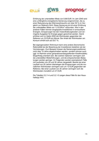 Erhöhung der unterstellten Miete von 0,68 EUR. Im Jahr 2045 wird
eine umfängliche energetische Sanierung vorgenommen, die zu
einer Reduzierung des Wärmeverbrauchs von über 50 % im Ver-
gleich zur Referenz führt. Diese Sanierung ist mit einer Erhöhung
der unterstellten Miete von 1,5 EUR/m2 verbunden. Wie in den
anderen Fällen können eingesparte Investitionen in erneuerbare
Energien, Einsparungen bei den Instandhaltungskosten und ver-
ringerte Ausgaben für Energie gegen gerechnet werden. Damit
erhöhen sich im Saldo 2050 die Wohnkosten gegenüber der
Referenz um 33 EUR pro Monat. Der Anteil der Wohnkosten am
Konsum erhöht sich auf 29,7 %.

Bei eigengenutztem Wohnraum kann eine andere ökonomische
Rationalität bei der Bewertung der Investitionen bestehen als bei
Vermietungen. Zum Beispiel müssen die Sanierungsinvestitionen
nicht über 10 Jahre abgeschrieben werden, sondern können auch
(ggf. im Rahmen eines generationenübergreifenden Kreditmodells)
längerfristig orientiert sein. Bei solchen Optionen verringern sich
die unterstellten Mieterhöhungen, und die entsprechenden Belas-
tungen werden geringer. Im Folgenden werden exemplarisch Fälle
mit Laufzeiten von 20 und 30 Jahren dargestellt. Bereits bei einer
Laufzeit von 20 Jahren überwiegen die Einsparungen und die mo-
natlichen Wohnkosten verringern sich um 12 EUR gegenüber der
Referenz. Bei einer Laufzeit von 30 Jahren verringern sich die
Wohnkosten monatlich um 21 EUR.

Die Tabellen 5.2.1-4 und 5.2.1-5 zeigen diese Fälle für den Haus-
haltstyp HH3.




                                                                176
 