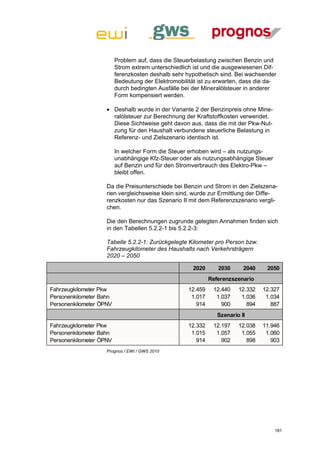 Problem auf, dass die Steuerbelastung zwischen Benzin und
                         Strom extrem unterschiedlich ist und die ausgewiesenen Dif-
                         ferenzkosten deshalb sehr hypothetisch sind. Bei wachsender
                         Bedeutung der Elektromobilität ist zu erwarten, dass die da-
                         durch bedingten Ausfälle bei der Mineralölsteuer in anderer
                         Form kompensiert werden.

                     Deshalb wurde in der Variante 2 der Benzinpreis ohne Mine-
                      ralölsteuer zur Berechnung der Kraftstoffkosten verwendet.
                      Diese Sichtweise geht davon aus, dass die mit der Pkw-Nut-
                      zung für den Haushalt verbundene steuerliche Belastung in
                      Referenz- und Zielszenario identisch ist.

                         In welcher Form die Steuer erhoben wird – als nutzungs-
                         unabhängige Kfz-Steuer oder als nutzungsabhängige Steuer
                         auf Benzin und für den Stromverbrauch des Elektro-Pkw –
                         bleibt offen.

                    Da die Preisunterschiede bei Benzin und Strom in den Zielszena-
                    rien vergleichsweise klein sind, wurde zur Ermittlung der Diffe-
                    renzkosten nur das Szenario II mit dem Referenzszenario vergli-
                    chen.

                    Die den Berechnungen zugrunde gelegten Annahmen finden sich
                    in den Tabellen 5.2.2-1 bis 5.2.2-3:

                    Tabelle 5.2.2-1: Zurückgelegte Kilometer pro Person bzw.
                    Fahrzeugkilometer des Haushalts nach Verkehrsträgern
                    2020 – 2050

                                                      2020      2030      2040    2050
                                                             Referenzszenario
Fahrzeugkilometer Pkw                               12.459    12.440    12.332   12.327
Personenkilometer Bahn                               1.017     1.037     1.036    1.034
Personenkilometer ÖPNV                                 914       900       894      887
                                                                Szenario II
Fahrzeugkilometer Pkw                               12.332    12.197    12.038   11.946
Personenkilometer Bahn                               1.015     1.057     1.055    1.060
Personenkilometer ÖPNV                                 914       902       898      903
                    Prognos / EWI / GWS 2010




                                                                                     181
 