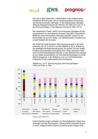 ben sich in allen Szenarien, insbesondere in den Zielszenarien,
                              erhebliche Stromimporte, die zur kostenorientierten Erreichung
                              von Klimaschutzzielen beitragen. In den Zielszenarien betragen
                              2050 die Nettostromimporte 94 TWh bis 143 TWh (22 % bis 31 %
                              der Stromnachfrage), in der Referenz sind es 67 TWh (12 %).

                              Der wesentliche Treiber hierfür sind komparativ günstigere Erzeu-
                              gungsoptionen im europäischen Ausland. Dies gilt in besonderem
                              Maße bei einer intensivierten Klimaschutzpolitik, sowohl für die
                              Kernenergie als auch für Solar- und Windstandorte im Süden bzw.
                              an den Küstenlinien Europas.

                              Der Anteil der fossil basierten Stromerzeugung geht in den Ziel-
                              szenarien auf 19 % bis 24 % zurück (Referenz: 46 %; Anteile an
                              der jeweiligen Bruttostromerzeugung). Ein großer Teil der verblei-
                              benden konventionellen Erzeugung wird in allen Szenarien 2050
                              durch CCS-Kohlekraftwerke erbracht. In den Zielszenarien handelt
                              es sich dabei ausschließlich um CCS-Steinkohleanlagen mit Kraft-
                              Wärme-Kopplung, in der Referenz auch um CCS-Braunkohle-
                              kraftwerke für die ungekoppelte Stromerzeugung.

                              Abbildung 1.3.4-1: Stromerzeugung nach Energieträgern,
                              2008 und 2050, in TWh

      650


      550


      450


      350


      250
TWh




      150


       50
                                            Sz I A




                                                                                                    Sz I B
                                Ref erenz




                                                                                Sz IV A




                                                                                                                                       Sz IV B
              2008




                                                                   Sz III A




                                                                                                                            Sz III B
                                                       Sz II A




                                                                                                               Sz II B




       -50


      -150
                                                                                          2050

             Nettoimporte     Sonstige               Sonstige EE              Wasser             Biomasse                Geothermie
             Fotovoltaik      Wind offshore          Wind onshore             Pumpspeicher       Heizöl                  Erdgas
             Steinkohle CCS   Steinkohle             Braunkohle CCS           Braunkohle         Kernenergie

                              Prognos / EWI / GWS 2010


                              Unterschiedlich lange Laufzeiten von Kernkraftwerken haben Aus-
                              wirkungen auf das Stromsystem. Kürzere KKW-Laufzeiten führen
                              zu einer vergleichsweise höheren Auslastung des übrigen Kraft-


                                                                                                                                                 9
 