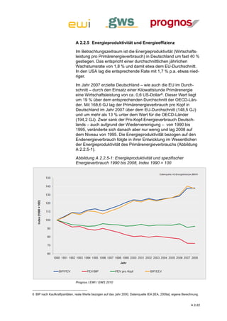 A 2.2.5 Energieproduktivität und Energieeffizienz

                              Im Betrachtungszeitraum ist die Energieproduktivität (Wirtschafts-
                              leistung pro Primärenergieverbrauch) in Deutschland um fast 40 %
                              gestiegen. Das entspricht einer durchschnittlichen jährlichen
                              Wachstumsrate von 1,8 % und damit etwa dem EU-Durchschnitt.
                              In den USA lag die entsprechende Rate mit 1,7 % p.a. etwas nied-
                              riger.

                              Im Jahr 2007 erzielte Deutschland – wie auch die EU im Durch-
                              schnitt – durch den Einsatz einer Kilowattstunde Primärenergie
                              eine Wirtschaftsleistung von ca. 0,6 US-Dollar6. Dieser Wert liegt
                              um 19 % über dem entsprechenden Durchschnitt der OECD-Län-
                              der. Mit 168,6 GJ lag der Primärenergieverbrauch pro Kopf in
                              Deutschland im Jahr 2007 über dem EU-Durchschnitt (148,5 GJ)
                              und um mehr als 13 % unter dem Wert für die OECD-Länder
                              (194,2 GJ). Zwar sank der Pro-Kopf-Energieverbrauch Deutsch-
                              lands – auch aufgrund der Wiedervereinigung – von 1990 bis
                              1995, veränderte sich danach aber nur wenig und lag 2008 auf
                              dem Niveau von 1995. Die Energieproduktivität bezogen auf den
                              Endenergieverbrauch folgte in ihrer Entwicklung im Wesentlichen
                              der Energieproduktivität des Primärenergieverbrauchs (Abbildung
                              A 2.2.5-1).

                              Abbildung A 2.2.5-1: Energieproduktivität und spezifischer
                              Energieverbrauch 1990 bis 2008, Index 1990 = 100




                              Prognos / EWI / GWS 2010


6 BIP nach Kaufkraftparitäten, reale Werte bezogen auf das Jahr 2000, Datenquelle IEA [IEA, 2009a], eigene Berechnung.


                                                                                                                A 2-22
 