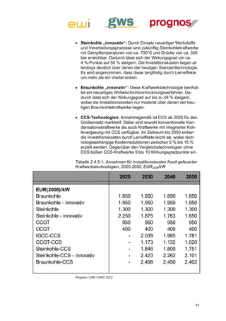  Steinkohle „innovativ“: Durch Einsatz neuartiger Werkstoffe
                   und Verarbeitungsprozesse sind zukünftig Steinkohlekraftwerke
                   mit Dampftemperaturen von ca. 700°C und Drücke von ca. 350
                   bar erreichbar. Dadurch lässt sich der Wirkungsgrad um ca.
                   4 %-Punkte auf 50 % steigern. Die Investitionskosten liegen al-
                   lerdings deutlich über denen der heutigen Standardtechnologie.
                   Es wird angenommen, dass diese langfristig durch Lerneffekte
                   um mehr als ein Viertel sinken.

                  Braunkohle „innovativ“: Diese Kraftwerkstechnologie beinhal-
                   tet ein neuartiges Wirbelschichtvortrocknungsverfahren. Da-
                   durch lässt sich der Wirkungsgrad auf bis zu 48 % steigern,
                   wobei die Investitionskosten nur moderat über denen der heu-
                   tigen Braunkohlekraftwerke liegen.

                  CCS-Technologien: Annahmegemäß ist CCS ab 2025 für den
                   Großeinsatz marktreif. Dabei sind sowohl konventionelle Kon-
                   densationskraftwerke als auch Kraftwerke mit integrierter Koh-
                   levergasung mit CCS verfügbar. Im Zeitraum bis 2050 sinken
                   die Investitionskosten durch Lerneffekte leicht ab, wobei tech-
                   nologieabhängige Kostenreduktionen zwischen 5 % bis 15 %
                   erzielt werden. Gegenüber den Vergleichstechnologien ohne
                   CCS büßen CCS-Kraftwerke 9 bis 10 Wirkungsgradpunkte ein.

                 Tabelle 2.4.5-1: Annahmen für Investitionskosten fossil gefeuerter
                 Kraftwerkstechnologien, 2020-2050, EUR2008/kW

                                            2020     2030        2040        2050

EUR(2008)/kW
Braunkohle                                  1.850   1.850       1.850       1.850
Braunkohle - innovativ                      1.950   1.950       1.950       1.950
Steinkohle                                  1.300   1.300       1.300       1.300
Steinkohle - innovativ                      2.250   1.875       1.763       1.650
CCGT                                          950     950         950         950
OCGT                                          400     400         400         400
IGCC-CCS                                        -   2.039       1.985       1.781
CCGT-CCS                                        -   1.173       1.132       1.020
Steinkohle-CCS                                  -   1.848       1.800       1.751
Steinkohle-CCS - innovativ                      -   2.423       2.262       2.101
Braunkohle-CCS                                  -   2.498       2.450       2.402

                 Prognos / EWI / GWS 2010




                                                                                  43
 