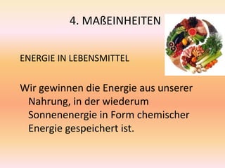 4. MAßEINHEITEN
ENERGIE IN LEBENSMITTEL
Wir gewinnen die Energie aus unserer
Nahrung, in der wiederum
Sonnenenergie in Form chemischer
Energie gespeichert ist.
 