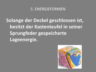 5. ENERGIEFORMEN
Solange der Deckel geschlossen ist,
besitzt der Kastenteufel in seiner
Sprungfeder gespeicherte
Lageenergie.
 