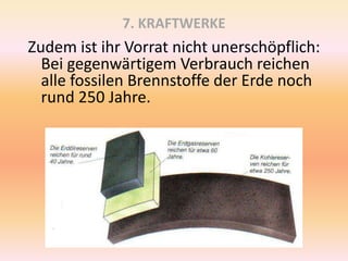 7. KRAFTWERKE
Zudem ist ihr Vorrat nicht unerschöpflich:
Bei gegenwärtigem Verbrauch reichen
alle fossilen Brennstoffe der Erde noch
rund 250 Jahre.
 