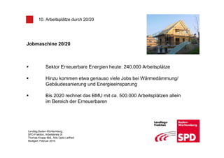 10. Arbeitsplätze durch 20/20




Jobmaschine 20/20



              Sektor Erneuerbare Energien heute: 240.000 Arbeitsplätze

              Hinzu kommen etwa genauso viele Jobs bei Wärmedämmung/
              Gebäudesanierung und Energieeinsparung

              Bis 2020 rechnet das BMU mit ca. 500.000 Arbeitsplätzen allein
              im Bereich der Erneuerbaren




Landtag Baden-Württemberg,
SPD-Fraktion, Arbeitskreis IX
Thomas Knapp MdL, Nils Opitz-Leifheit
Stuttgart, Februar 2010
 