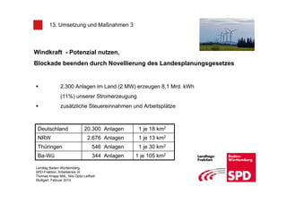 13. Umsetzung und Maßnahmen 3




Windkraft - Potenzial nutzen,
Blockade beenden durch Novellierung des Landesplanungsgesetzes


               2.300 Anlagen im Land (2 MW) erzeugen 8,1 Mrd. kWh
               (11%) unserer Stromerzeugung
               zusätzliche Steuereinnahmen und Arbeitsplätze



 Deutschland                  20.300 Anlagen      1 je 18 km2
 NRW                            2.676 Anlagen     1 je 13 km2
 Thüringen                         546 Anlagen    1 je 30 km2
 Ba-Wü                             344 Anlagen   1 je 105 km2

Landtag Baden-Württemberg,
SPD-Fraktion, Arbeitskreis IX
Thomas Knapp MdL, Nils Opitz-Leifheit
Stuttgart, Februar 2010
 