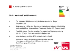 6. Handlungsfelder 2: Strom




Strom: Verbrauch und Einsparung:


              Ein knappes Drittel unserer Primärenergie wird in Strom
              umgewandelt
              Je knapp die Hälfte des Stroms wird von Haushalten und Industrie
              verbraucht (Rest Umwandlung, Transport, Bahn, öff. Beleuchtung)
              Das BMU unter Gabriel hat eine Senkung des Stromverbrauchs
              um ca. 13% bis 2020 als realistisch betrachtet
              eine Senkung um über 20% ist technisch möglich
              (Optimierung Standby, Modernsierung Haushaltgeräte, geregelte
              Heizungspumpen (Haushalte) und E-Motoren (Industrie),
              Drucklufterzeugung, Beleuchtung)

Landtag Baden-Württemberg,
SPD-Fraktion, Arbeitskreis IX
Thomas Knapp MdL, Nils Opitz-Leifheit
Stuttgart, Februar 2010
 