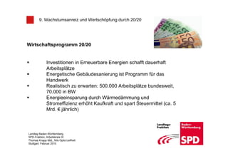 9. Wachstumsanreiz und Wertschöpfung durch 20/20




Wirtschaftsprogramm 20/20


              Investitionen in Erneuerbare Energien schafft dauerhaft
              Arbeitsplätze
              Energetische Gebäudesanierung ist Programm für das
              Handwerk
              Realistisch zu erwarten: 500.000 Arbeitsplätze bundesweit,
              70.000 in BW
              Energieeinsparung durch Wärmedämmung und
              Stromeffizienz erhöht Kaufkraft und spart Steuermittel (ca. 5
              Mrd. € jährlich)



Landtag Baden-Württemberg,
SPD-Fraktion, Arbeitskreis IX
Thomas Knapp MdL, Nils Opitz-Leifheit
Stuttgart, Februar 2010
 