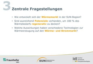 3

Zentrale Fragestellungen
• Wie entwickelt sich der Wärmemarkt in der SUN-Region?
• Sind ausreichend Potenziale vorhanden, um 100 % des
Wärmebedarfs regenerativ zu decken?
• Welche Auswirkungen haben verschiedene Technologien zur
Wärmeerzeugung auf den Wärme- und Strommarkt?

 