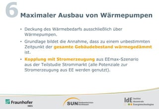 6

Maximaler Ausbau von Wärmepumpen
• Deckung des Wärmebedarfs ausschließlich über
Wärmepumpen.

• Grundlage bildet die Annahme, dass zu einem unbestimmten
Zeitpunkt der gesamte Gebäudebestand wärmegedämmt
ist.
• Kopplung mit Stromerzeugung aus EEmax-Szenario
aus der Teilstudie Strommarkt (alle Potenziale zur
Stromerzeugung aus EE werden genutzt).

 
