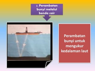 2. Perambatan
bunyi melalui
benda cair
Perambatan
bunyi untuk
mengukur
kedalaman laut
 