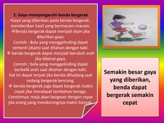 2. Gaya mempengaruhi benda bergerak
•Gaya yang diberikan pada benda bergerak ,
memberikan hasil yang bermacam-macam.
Benda bergerak dapat menjadi diam jika
diberikan gaya.
Contoh : Bola yang menggelinding dapat
terhenti (diam) saat ditahan dengan kaki.
 benda bergerak dapat menjadi berubah arah
jika dikenai gaya.
Contoh ; bola yang menggelinding dapat
berbalik arah saat ditahan dengan kaki.
Hal ini dapat terjadi jika benda dihadang saat
sedang bergerak kencang.
 benda bergerak juga dapat bergerak makin
cepat jika mendapat tambahan tenaga.
Contohnya: meja akan bergeser dengan cepat
jika orang yang mendorongnya makin banyak.
Semakin besar gaya
yang diberikan,
benda dapat
bergerak semakin
cepat
 