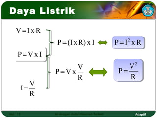 Daya Listrik

    V=IxR
                   P = (I x R) x I                   P=I xR
                                                       2


      P=VxI
                                                           2
                       V                                V
                  P=Vx                               P=
                       R                                R
              V
           I=
              R

Hal.: 11          Isi dengan Judul Halaman Terkait         Adaptif
 