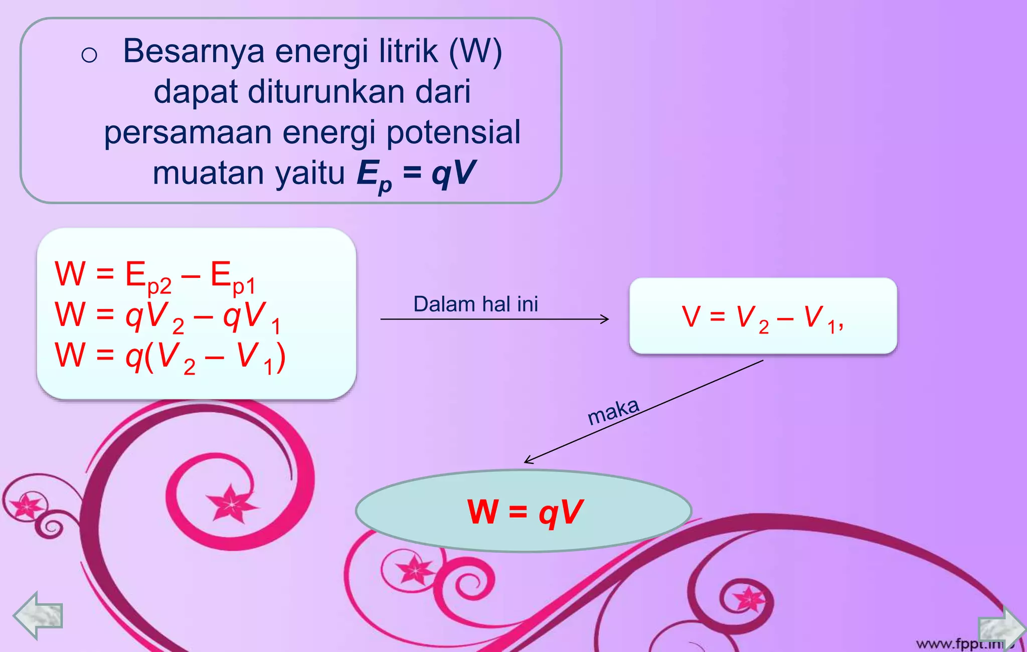 o Besarnya energi litrik (W)
dapat diturunkan dari
persamaan energi potensial
muatan yaitu Ep = qV
W = Ep2 – Ep1
W = qV 2 – qV 1
W = q(V 2 – V 1)
V = V 2 – V 1,
Dalam hal ini
W = qV
 