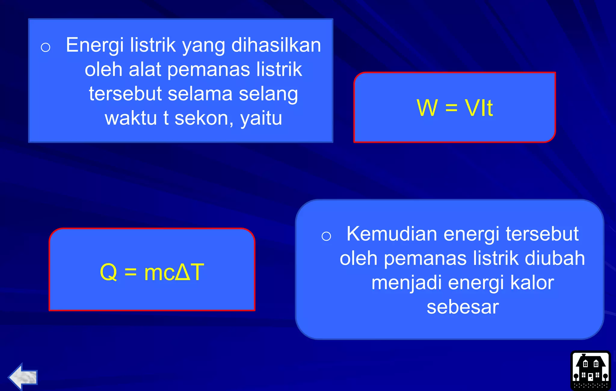 o Energi listrik yang dihasilkan
oleh alat pemanas listrik
tersebut selama selang
waktu t sekon, yaitu W = VIt
o Kemudian energi tersebut
oleh pemanas listrik diubah
menjadi energi kalor
sebesar
Q = mcΔT
 