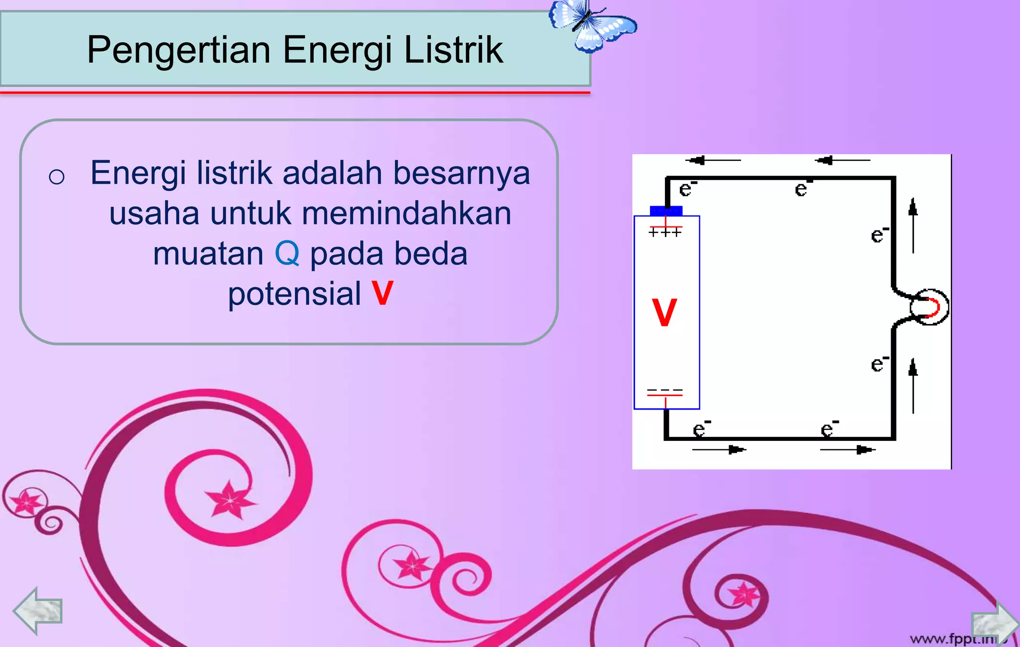 Pengertian Energi Listrik
o Energi listrik adalah besarnya
usaha untuk memindahkan
muatan Q pada beda
potensial V
V
 