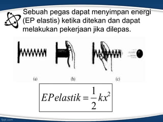 Sebuah pegas dapat menyimpan energi
(EP elastis) ketika ditekan dan dapat
melakukan pekerjaan jika dilepas.
2
2
1
kxelastikEP 
 