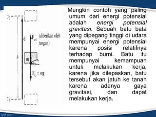 Mungkin contoh yang paling
umum dari energi potensial
adalah energi potensial
gravitasi. Sebuah batu bata
yang dipegang tinggi di udara
mempunyai energi potensial
karena posisi relatifnya
terhadap bumi. Batu itu
mempunyai kemampuan
untuk melakukan kerja,
karena jika dilepaskan, batu
tersebut akan jatuh ke tanah
karena adanya gaya
gravitasi, dan dapat
melakukan kerja.
 
