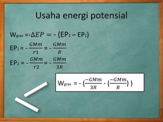 Usaha energi potensial
Wgrav =-∆𝐸𝑃 = - (EP2 – EP1)
EP1 = -
𝐺𝑀𝑚
𝑟1
= -
𝐺𝑀𝑚
𝑅
EP2 = -
𝐺𝑀𝑚
𝑟2
= -
𝐺𝑀𝑚
3𝑅
Wgrav = - (
−𝐺𝑀𝑚
3𝑅
- (
−𝐺𝑀𝑚
𝑅
) )
 