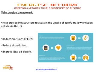 ENERGISE NETWORK 
CREATING A NETWORK TO HELP BUSINESSES GO ELECTRIC. 
www.energisenetwork.co.uk 
Why develop the network. 
•Help provide infrastructure to assist in the uptake of zero/ultra-low emission 
vehicles in the UK. 
•Reduce emissions of CO2. 
•Reduce air pollution. 
•Improve local air quality. 
 