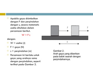 Apabila gaya disimbolkan dengan F dan perpindahan dengan s, secara matematis usaha dituliskan dalam persamaan berikut. W = F s dengan:  W = usaha (J)  F = gaya (N) s = perpindahan (m) Persamaan ini berlaku untuk gaya yang arahnya sama dengan perpindahan, seperti terlihat pada Gambar 2. Gambar 2. Arah gaya yang diberikan pada balok searah dengan perpindahannya.  