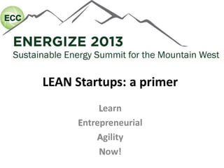 LEAN Startups: a primer
Learn
Entrepreneurial
Agility
Now!
 