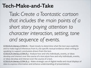 Tech-Make-and-Take
Task: Create a Toontastic cartoon
that includes the main points of a
short story paying attention to
character interaction, setting, tone
and sequence of events.
CCSS.ELA-­‐Literacy.CCRA.R.1	
  -­‐	
  Read	
  closely	
  to	
  determine	
  what	
  the	
  text	
  says	
  explicitly	
  
and	
  to	
  make	
  logical	
  inferences	
  from	
  it;	
  cite	
  speciﬁc	
  textual	
  evidence	
  when	
  writing	
  or	
  
speaking	
  to	
  support	
  conclusions	
  drawn	
  from	
  the	
  text.	
  
CCSS.ELA-­‐Literacy.CCRA.R.3	
  -­‐	
  Analyze	
  how	
  and	
  why	
  individuals,	
  events,	
  or	
  ideas	
  
develop	
  and	
  interact	
  over	
  the	
  course	
  of	
  a	
  text.alyze	
  how	
  and	
  why	
  individuals,	
  events,	
  
or	
  ideas	
  develop	
  and	
  interact	
  over	
  the	
  course	
  of	
  a	
  text.	
  
CCSS.ELA-­‐Literacy.CCRA.SL.5	
  -­‐	
  Make	
  strategic	
  use	
  of	
  digital	
  media	
  and	
  visual	
  displays	
  of	
  
data	
  to	
  express	
  information	
  and	
  enhance	
  understanding	
  of	
  presentations.
 