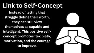 Link to Self-Concept
Instead of letting that
struggle define their worth,
they can still view
themselves as capable and
intelligent. This positive self-
concept promotes flexibility,
motivation, and the courage
to improve.
 