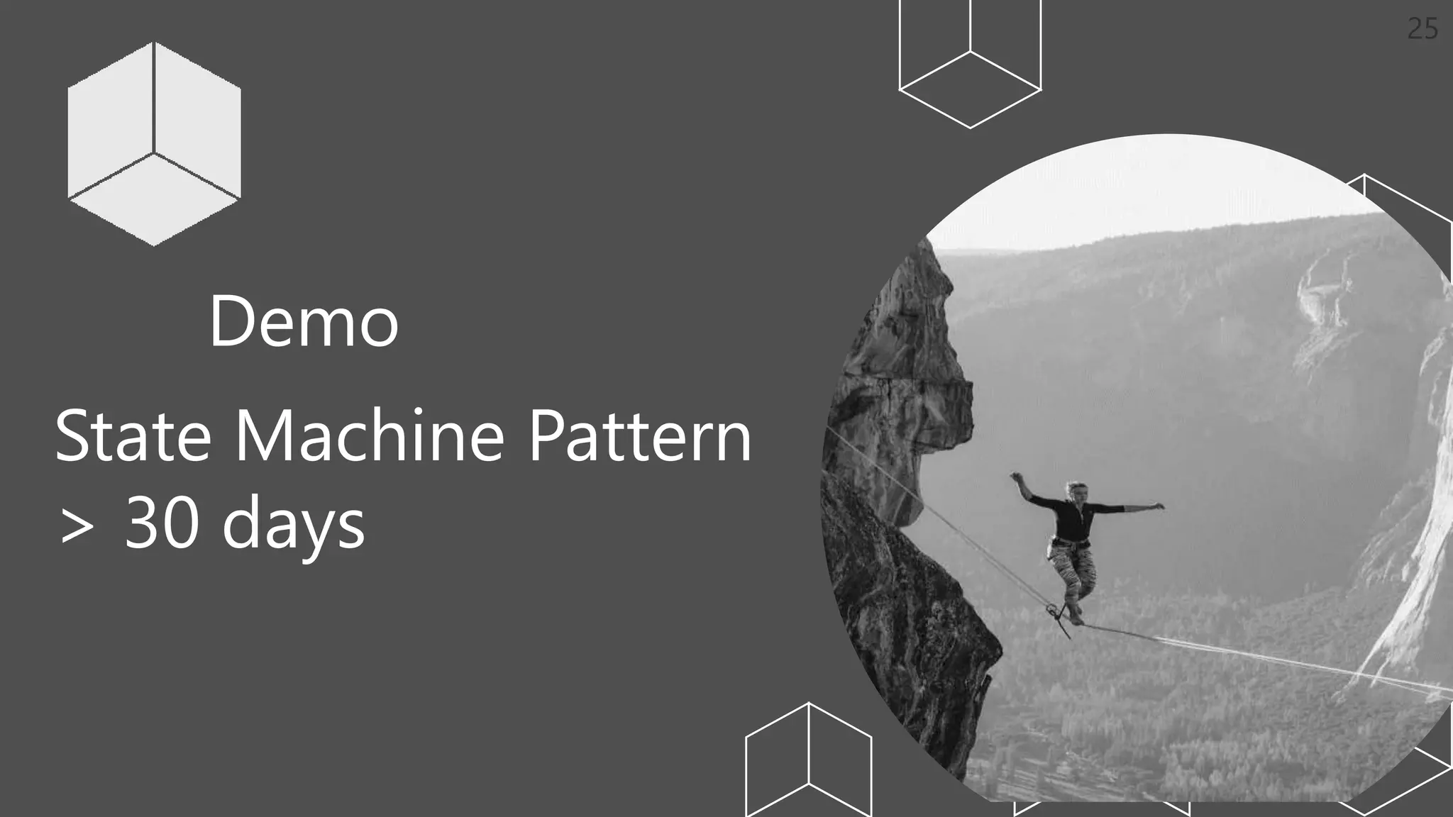 Demo
State Machine Pattern
> 30 days
 