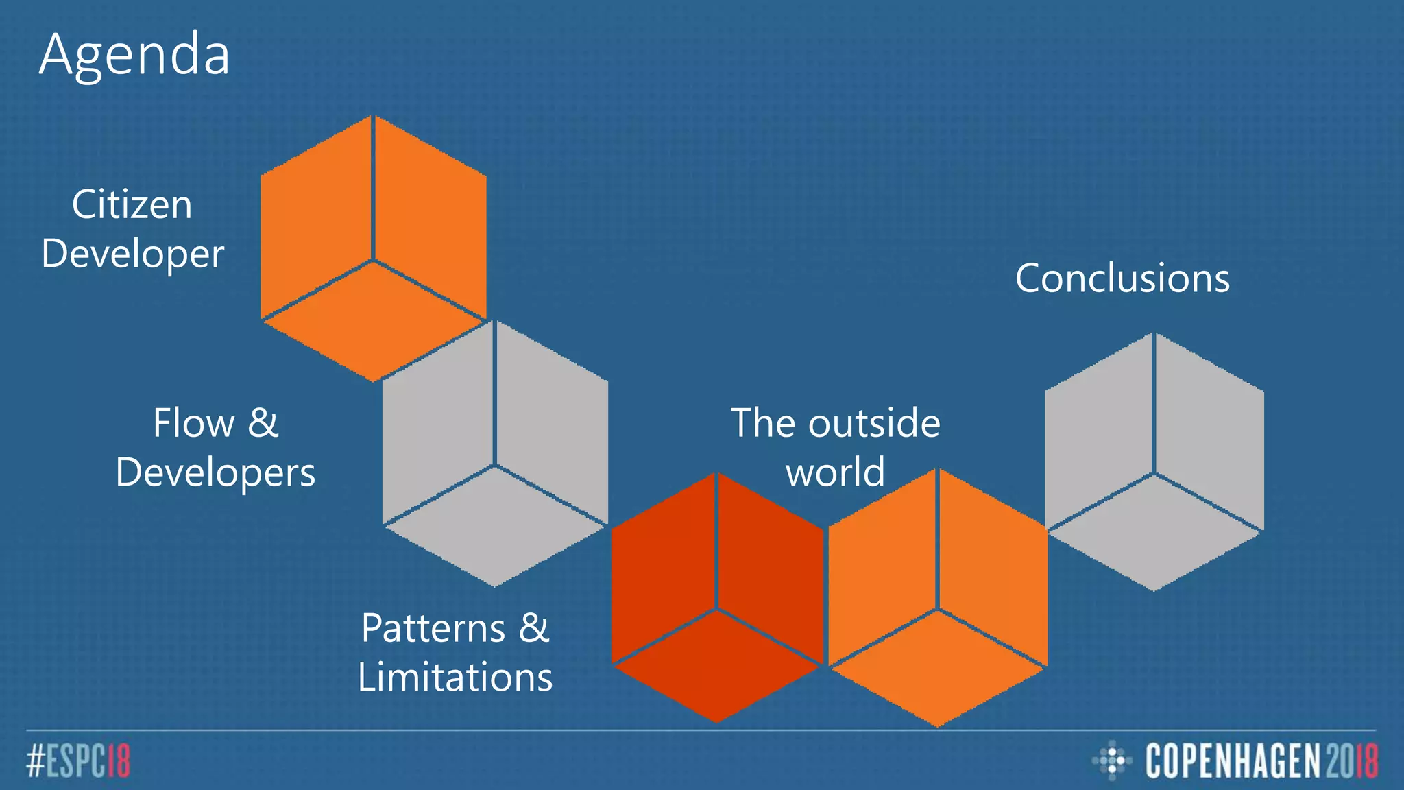 Conclusions
The outside
world
Patterns &
Limitations
Flow &
Developers
Citizen
Developer
Agenda
 